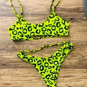 Lime Green Leopard Print Thong Bikini - Small